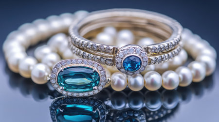 This stunning jewelry collection showcases rings adorned with blue gemstones and pearls, featuring intricate designs that reflect elegance and luxury.の素材