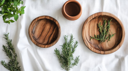 A serene arrangement featuring two wooden plates, a clay pot, and fresh herbs on a white tablecloth, complemented by a green plant. Perfect for culinary inspiration.の素材