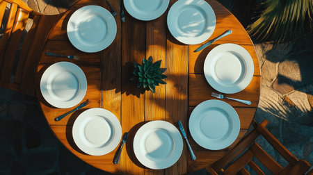 Captivating outdoor dining scene featuring a round wooden table adorned with elegant empty plates and a green succulent centerpiece, inviting relaxation.の素材