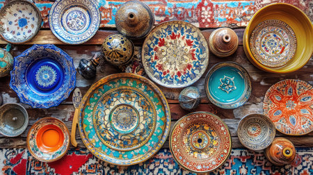 This captivating image showcases a vibrant assortment of handcrafted decorative plates and bowls, each featuring intricate patterns and rich colors, perfect for enhancing any culinary presentation or home decor.の素材