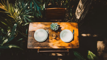 A charming rustic wooden table set for two, featuring simple dishes and a succulent plant, nestled among vibrant greenery, perfect for outdoor dining.の素材