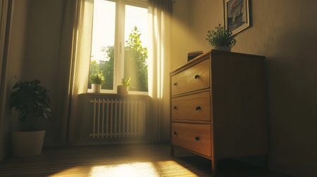 A serene interior scene featuring warm sunlight filtering through a large window. The wooden dresser and green plants create a cozy and inviting atmosphere, perfect for relaxation and comfort.の素材