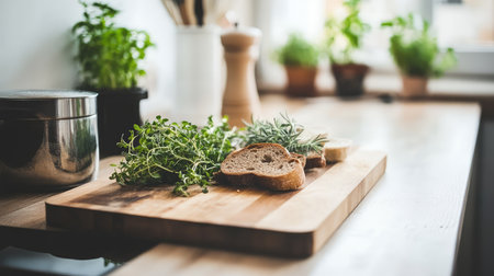A wooden cutting board displays fresh herbs and sliced bread in a cozy kitchen, radiating warmth and inviting culinary creativity, perfect for any foodie.の素材