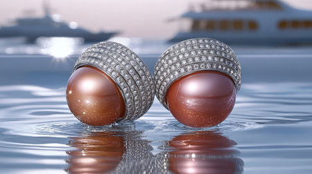 A stunning depiction of luxurious pearl and diamond rings floating atop calm waters, highlighted by a yacht in the background, exuding sophistication and opulence.の素材