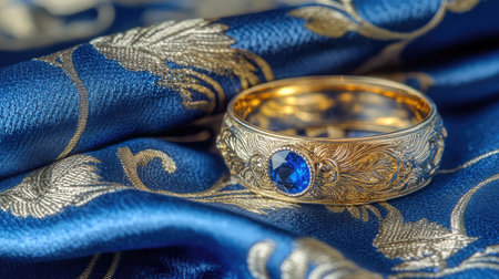 Discover the beauty of this elegant gold ring featuring a striking blue gemstone, showcased on luxurious blue silk fabric with intricate gold patterns.の素材