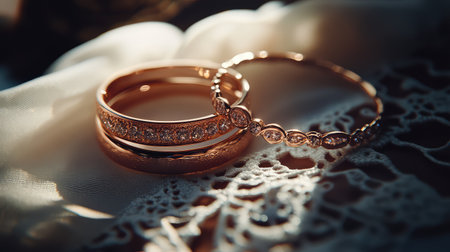This stunning close-up image showcases three exquisite rose gold rings arranged artistically on soft lace fabric, illuminated by gentle natural light.の素材