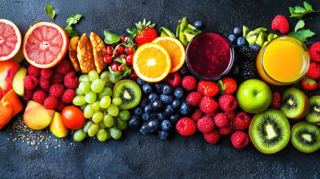 A vibrant arrangement of fresh fruits and colorful juices on a dark background, showcasing the beauty and diversity of healthy ingredients for any occasion.の素材