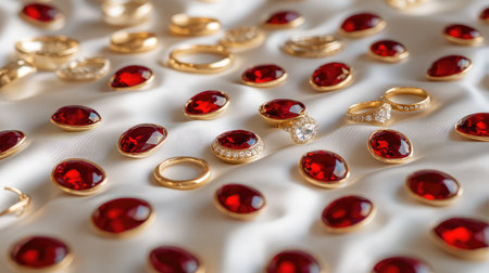 A captivating display of red gemstones and gold rings positioned beautifully on a soft fabric surface, ideal for luxury jewelry representations.の素材