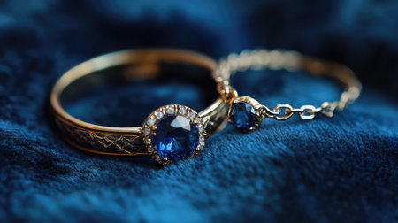 This striking image features a stunning blue sapphire jewelry set resting on a plush velvet background, highlighting the beauty and elegance of luxury accessories.の素材