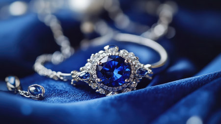 Discover the exquisite beauty of this blue sapphire jewelry piece, featuring intricate silver detailing, set against a rich velvet background, perfect for elegance.の素材