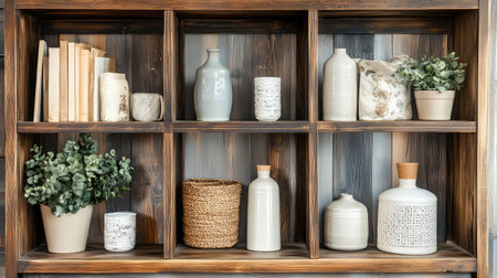 This image showcases a stylish wooden shelf featuring a mix of decorative vases, books, and green plants, perfect for enhancing any cozy interior aesthetic.の素材