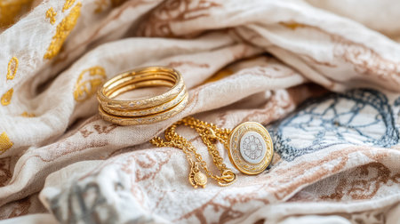 Close-up of exquisite gold jewelry positioned on a rich textured fabric, showcasing the intricate details of bracelets and a stunning pendant chain.の素材