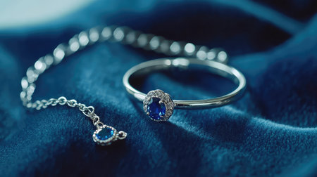 This beautiful still life composition features a silver jewelry set with a striking blue gemstone, set against a lush textile background, highlighting elegance.の素材