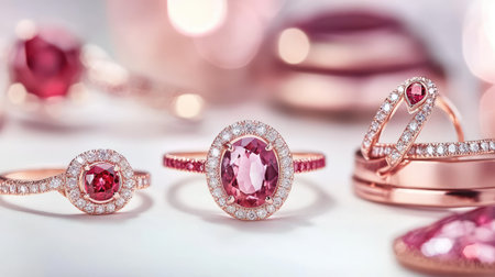 This stunning image showcases an elegant collection of pink gemstone rings adorned with shimmering diamonds, set against a soft pink background, evoking luxury and romantic charm.の素材