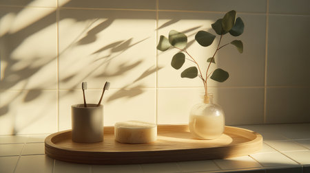 A serene minimalist bathroom setting featuring a wooden tray with toiletries, soft lighting, and a touch of greenery, creating a calming atmosphere.の素材