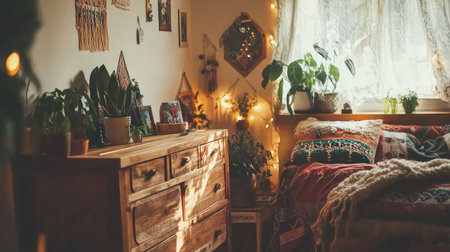 A cozy bohemian bedroom featuring lush plants, warm wooden furniture, and soft textiles. Sunlight filters through sheer curtains, creating a serene atmosphere perfect for relaxation.の素材
