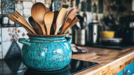 A charming ceramic pot filled with wooden spoons sits atop a kitchen countertop, embodying a cozy and inviting atmosphere perfect for any culinary enthusiast.の素材
