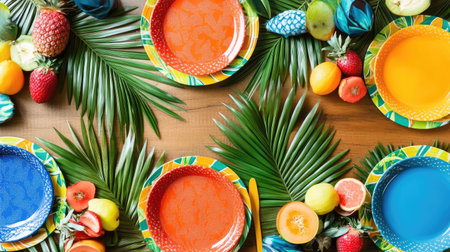A lively tropical table setting featuring colorful plates surrounded by an array of fresh fruits and lush greenery, perfect for summer gatherings.の素材