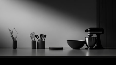A stylish black and white still life featuring a mixer, cooking utensils, and a bowl on a minimalist kitchen countertop. The elegant arrangement highlights simplicity and modern design.の素材