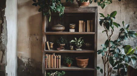 A beautifully arranged wooden bookshelf adorned with various plants, vintage books, and decorative pottery pieces reflects a warm and cozy atmosphere.の素材
