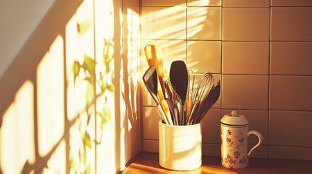 A serene kitchen scene featuring various utensils basking in warm sunlight, casting beautiful shadows and creating a cozy atmosphere in a home.の素材