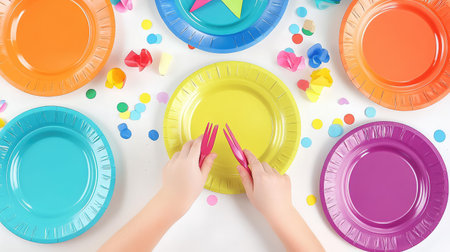 A vibrant arrangement of colorful paper plates surrounding a pair of hands holding playful utensils, ideal for a lively party celebration.の素材
