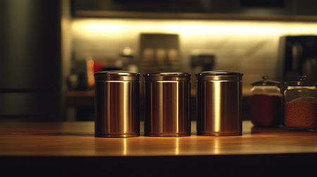 This image features three sleek metallic storage containers arranged on a wooden kitchen countertop, softly illuminated to evoke warmth and style.の素材