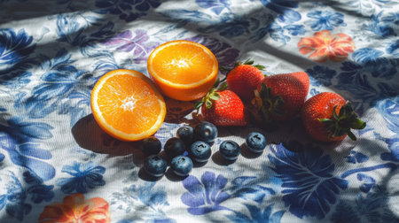 A vibrant composition featuring fresh oranges, strawberries, and blueberries on a floral tablecloth, beautifully lit by natural sunlight, showcasing seasonal fruit.の素材