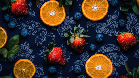 A beautiful arrangement of fresh strawberries, sliced oranges, and blueberries on a dark patterned background, showcasing vibrant colors and healthy food choices.の素材