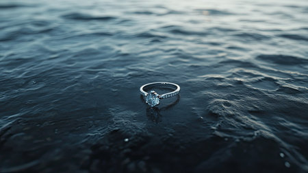 A stunning diamond engagement ring resting on a smooth water surface, capturing light and reflections, symbolizing love and commitment in a serene setting.の素材