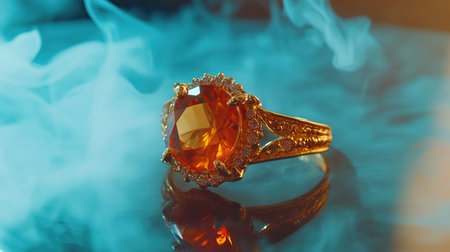 A stunning golden ring showcasing a vibrant orange gemstone glistens elegantly against a backdrop of soft, swirling smoke. Ideal for luxury themes.の素材