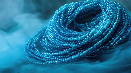A stunning arrangement of turquoise beads lays gracefully on soft fabric, enveloped in a misty atmosphere, perfect for jewelry and crafting inspiration.の素材