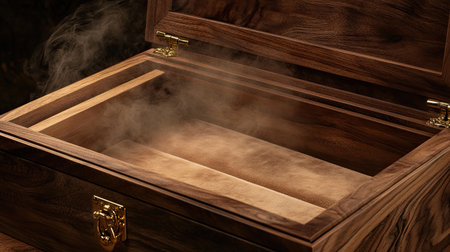An elegant wooden box with an open lid reveals a rich grain interior. Soft smoke gently rises from within, enhancing the atmosphere of craftsmanship and luxury.の素材