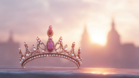 A stunning tiara adorned with pink gemstones and pearls rests elegantly against a soft sunset backdrop, capturing the essence of luxury and royal elegance.の素材