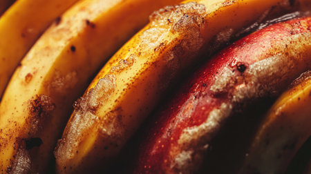 This close-up image captures ripe bananas with a beautiful mix of yellow and red hues. The brown spots add character, while a hint of cinnamon enhances its visual appeal.の素材