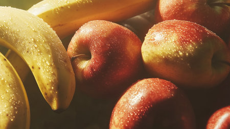 A captivating arrangement of fresh apples and bananas, glistening with dew drops, showcasing the vibrant colors and textures of natural fruits perfect for healthy living.の素材