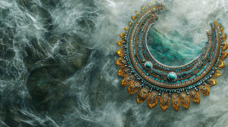 This stunning vintage necklace features intricate designs and vibrant gemstones, beautifully highlighted against a textured backdrop, showcasing exquisite craftsmanship.の素材