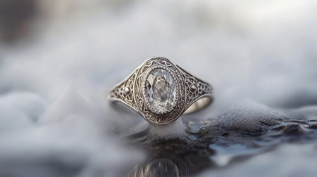 This exquisite vintage engagement ring features a stunning diamond set in ornate metalwork, capturing timeless elegance. Perfect for romantic proposals.の素材