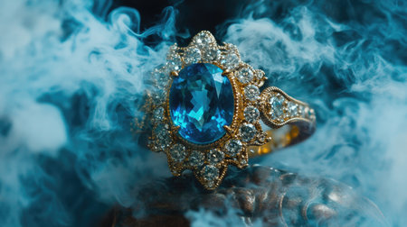 A stunning vintage ring featuring a vibrant blue gemstone and shimmering diamonds, beautifully displayed amidst wisps of smoke, creating an enchanting atmosphere.の素材