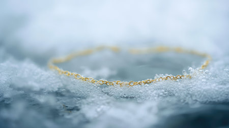 A delicate gold bracelet gracefully rests on a frosty ice surface, showcasing elegance and beauty. The soft focus enhances its luxurious appeal, perfect for fashion themes.の素材