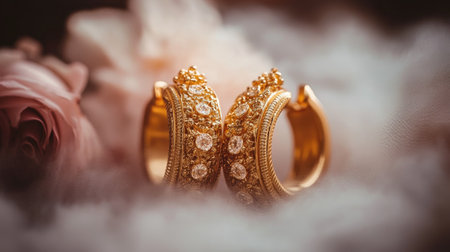 A stunning pair of gold earrings featuring intricate details and sparkling stones, beautifully complemented by soft pink roses, evoking romance and elegance.の素材