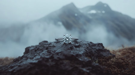 A stunning diamond engagement ring resting on a rocky surface, surrounded by misty mountains. This captivating scene evokes feelings of romance and adventure.の素材