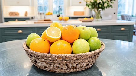 A beautiful woven basket filled with a variety of fresh citrus fruits and green apples, showcasing vibrant colors that enhance any kitchen decor.の素材
