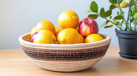 This image features a stunning bowl filled with fresh oranges and apples, showcasing a colorful and healthy arrangement that enhances any kitchen decor.の素材