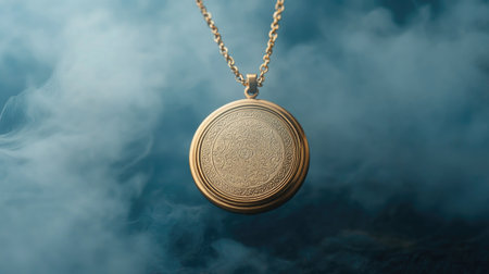 This beautiful antique gold pendant necklace features an intricate pattern and hangs against a mystical foggy background, perfect for elegant jewelry photography.の素材