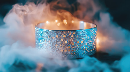 A stunning silver bracelet with intricate patterns glistens in a misty environment, enhanced by soft golden lights, creating an enchanting atmosphere.の素材