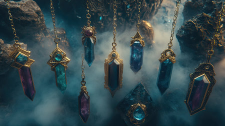 A captivating arrangement of enchanting gemstone pendants in vibrant colors, set against a mystical background filled with smoke and shadows.の素材