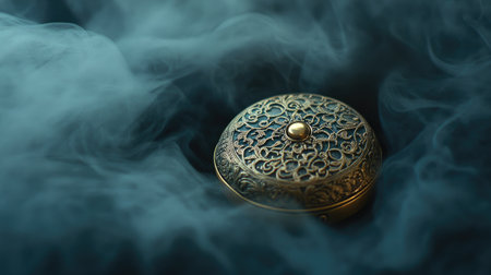 This striking image showcases an intricately designed antique box enveloped in soft, ethereal smoke, creating a captivating and mysterious atmosphere.の素材