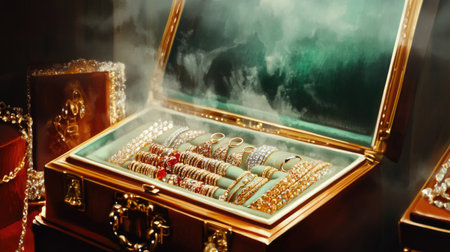 A stunning jewelry box opens to reveal a treasure trove of glamorous bracelets, necklaces, and rings, evoking feelings of luxury and elegance.の素材
