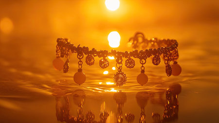 A stunning golden bracelet captures the beauty of sunset, reflecting warm tones on a tranquil water surface. Ideal for highlighting elegance and artistry.の素材